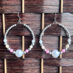 Multi-Color Pearl and Silver Bead Hoop Earrings